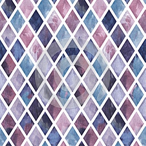 Rhombic seamless pattern of hand-drawn watercolor painting, violet background, amethyst stained glass