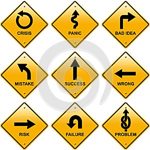 Rhombic yellow road signs with arrows