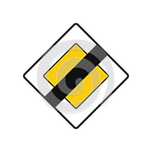 Rhomboid traffic signal in white and yellow, isolated on white background. End of priority road