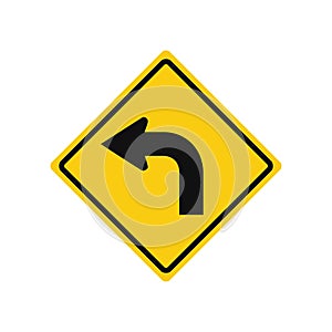 Rhomboid traffic signal in yellow and black, isolated on white background. Turn left