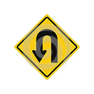 Rhomboid traffic signal in yellow and black, isolated on white background. U-Turn on the left