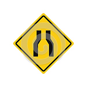 Rhomboid traffic signal in yellow and black, isolated on white background. Warning of narrow road ahead