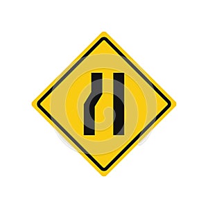 Rhomboid traffic signal in yellow and black, isolated on white background. Warning of narrow road ahead on left side