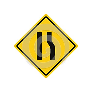 Rhomboid traffic signal in yellow and black, isolated on white background. Warning of narrow road ahead on right side