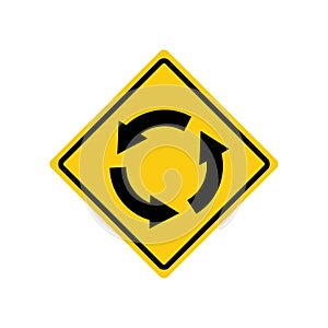 Rhomboid traffic signal in yellow and black, isolated on white background. Warning of roundabout ahead