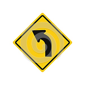 Rhomboid traffic signal in yellow and black, isolated on white background. Warning of sharp left curve