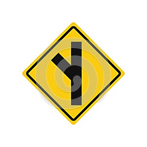 Rhomboid traffic signal in yellow and black, isolated on white background. Warning of side road on the left at a acute angle