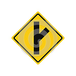 Rhomboid traffic signal in yellow and black, isolated on white background. Warning of side road on the right at a acute angle