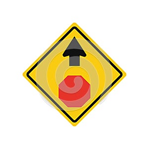 Rhomboid traffic signal in yellow and black, isolated on white background. Warning of stop ahead