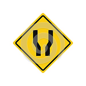 Rhomboid traffic signal in yellow and black, isolated on white background. Warning of wide road ahead