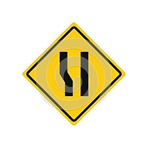 Rhomboid traffic signal in yellow and black, isolated on white background. Warning of wide road ahead on left side