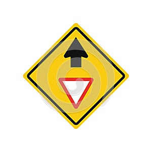 Rhomboid traffic signal in yellow and black, isolated on white background. Warning of yield ahead