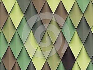 Rhombus in different shades of green and brown in the facade