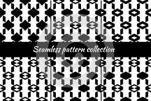 Rhombuses, diamond, hexagons seamless patterns collection. Folk prints. Ethnic ornaments set. Tribal wallpapers kit