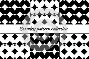 Rhombuses, diamond, lozenges, stars, squares, tiles, checks, arrowheads seamless patterns collection. Folk prints