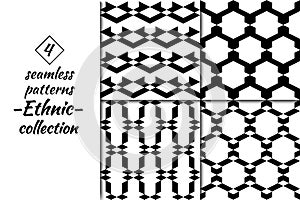 Rhombuses, figures seamless patterns collection. Diamond, shapes ornaments set. Lozenges, forms kit. Folk backgrounds