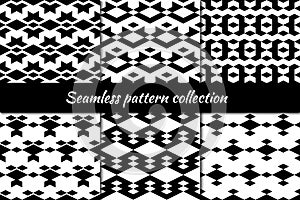 Rhombuses seamless patterns collection. Lozenges, shapes backdrops kit. Diamond, forms ornaments set. Folk backgrounds
