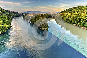 Rhone and Arve river confluence, Geneva