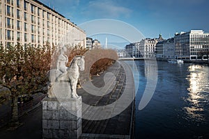 Rhone River and Aigle de Geneve Statue - Geneva, Switzerland