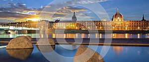 Rhone river in Lyon city at sunset