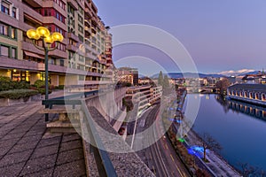 Rhone river and old buildings, Geneva, Switzerland - HDR