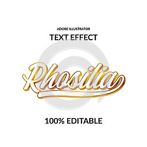 Rhosilia adobe illustrator text effect. elegant luxury golden color outline 3D. Chrome metallic royal letter
