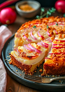 Rhubarb Crumble Cake on Plate. Spring sweet homemade baking