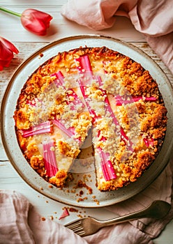 Rhubarb Crumble Cake on Plate. Spring sweet homemade baking