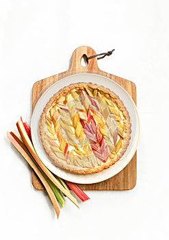 Rhubarb open faced round pie, overhead view