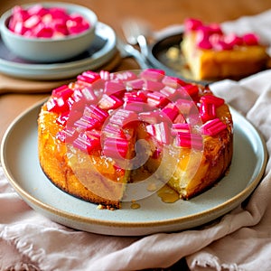Rhubarb upside-down cake. Sweet spring baking