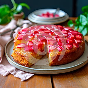 Rhubarb upside-down cake. Sweet spring baking