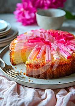 Rhubarb upside-down cake. Sweet spring baking