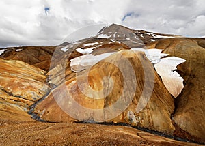 Rhyolite mountains in Iceland with snowfields