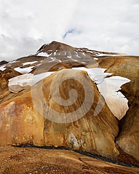 Rhyolite mountains in Iceland with snowfields photo