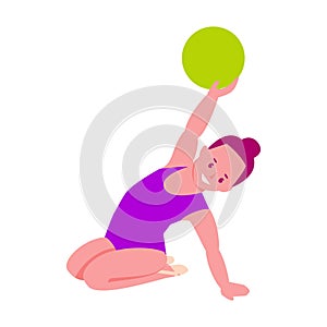 Rhythmic gymnast with a ball. Little girl in a gymnastic leotard. Vector illustration in flat cartoon style.