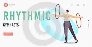 Rhythmic Gymnast Landing Page Template. Female Character Performing Gymnastics Elements with Hula Hoop