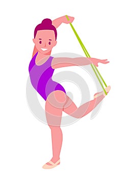 Rhythmic gymnast with a rope. Little girl in a gymnastic leotard. Vector illustration in flat cartoon style. Isolated on a white