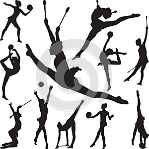 Rhythmic gymnastics with ball and cones silhouette vector