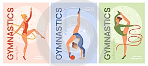 Rhythmic gymnastics cards. Cartoon young girl athletes with ball, hoop and ribbon. Sportive female acrobat characters