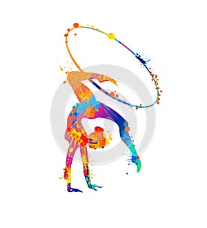 Rhythmic gymnastics girl with hoop. Dancer silhouette