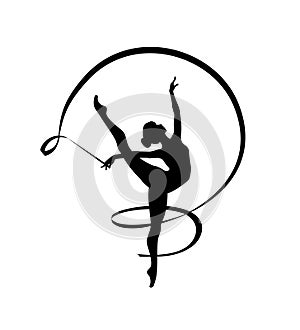 Rhythmic gymnastics girl with ribbon. Dancer silhouette