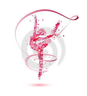 Rhythmic gymnastics girl with ribbon of pink rose petals