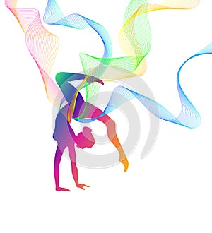 Rhythmic gymnastics girl silhouette with multi-colored lines