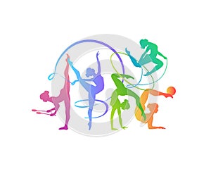 Rhythmic gymnastics girls with different inventory. Vector dancer silhouettes