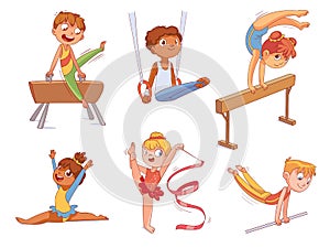 Rhythmic gymnastics. Kids Artistic gymnastics. Colorful cartoon characters