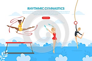 Rhythmic Gymnastics Landing Page Template, Professional Female Gymnasts Exercising in Gym, Athlete Girls Exercising with