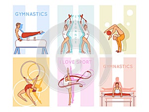 Rhythmic gymnastics posters. Flexible and strong athletes, girls and boys with sports equipment, bars, trestle, maces