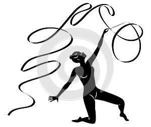 Rhythmic gymnastics. Silhouette of a girl with a ribbon. Beautiful gymnast. The woman is slim and young. Vector