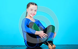 Rhythmic gymnastics sport combines elements ballet dance. Minute to relax. Girl little gymnast sports leotard. Physical