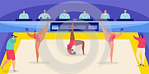 Rhythmic gymnastics with world championship and gymnasts performance flat vector illustration.